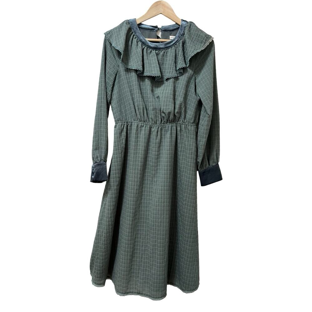 Moon River Womens Ruffled Velvet Trim Midi Dress‎ Size M Teal Modest Trad Wife